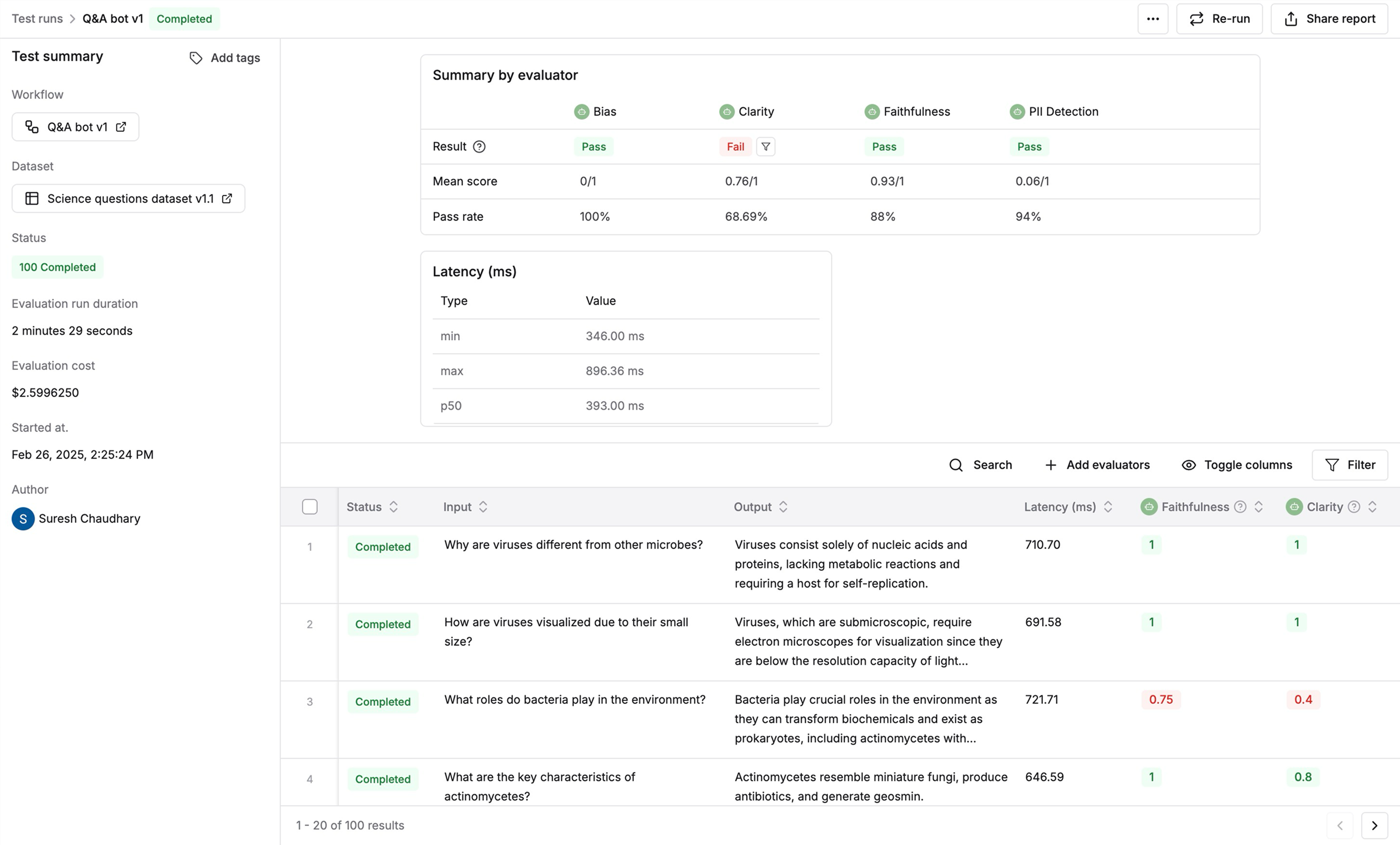 Review test run results and metrics