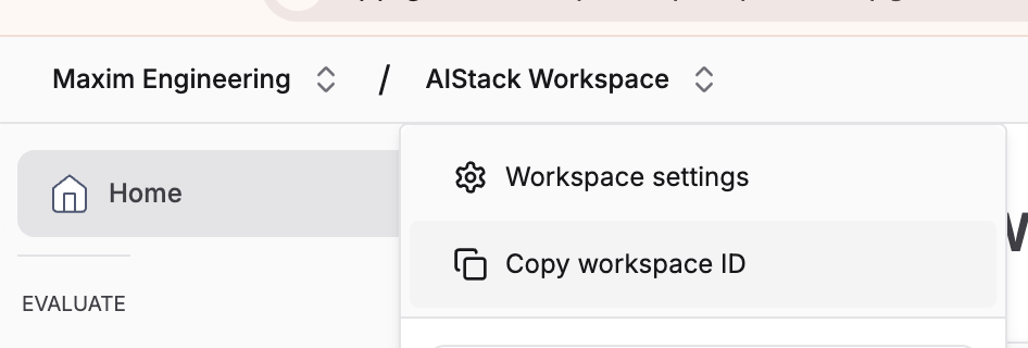 Screenshot of copy workspace ID option