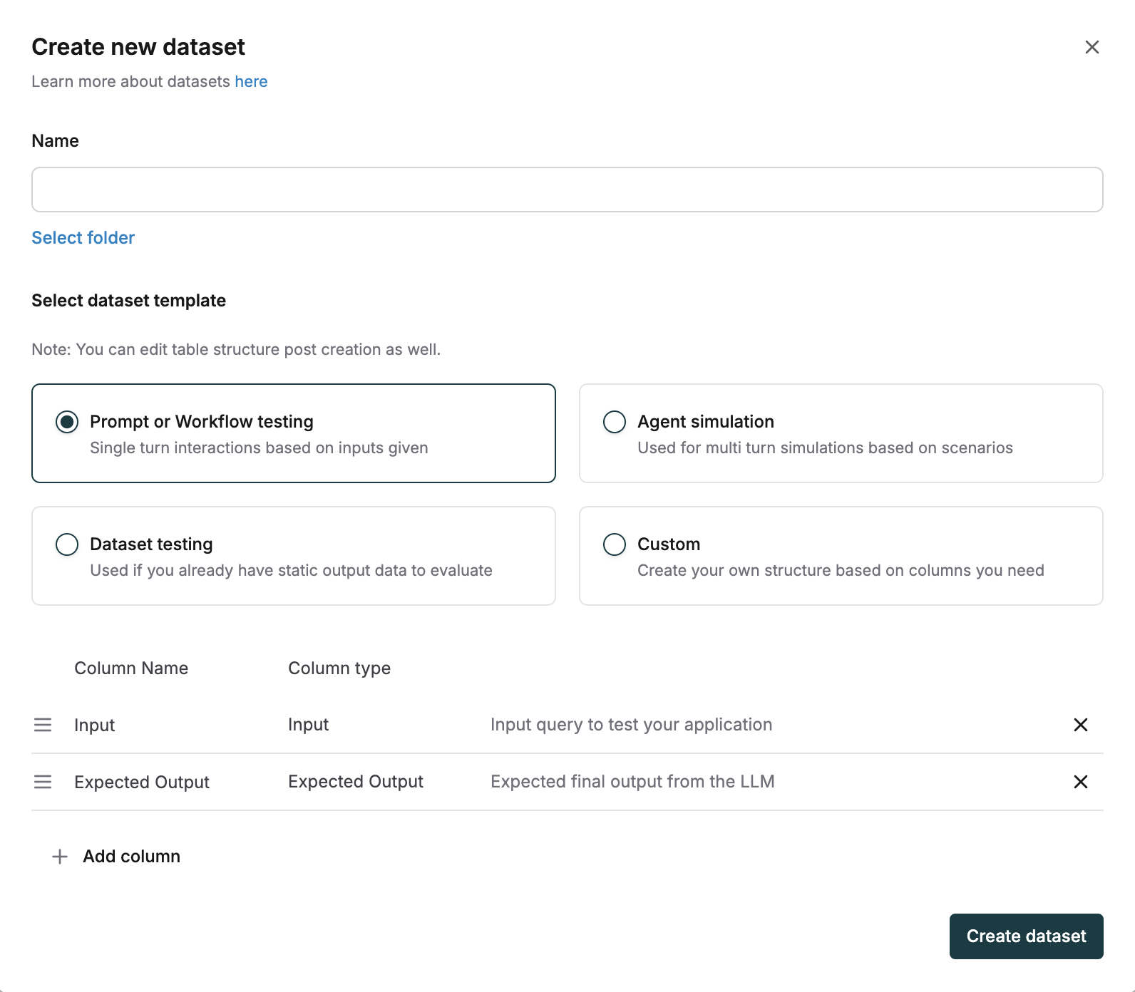 Dataset templates showing three template options for different testing scenarios