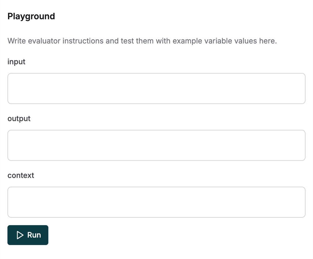 Testing an evaluator in the playground with input fields for variables