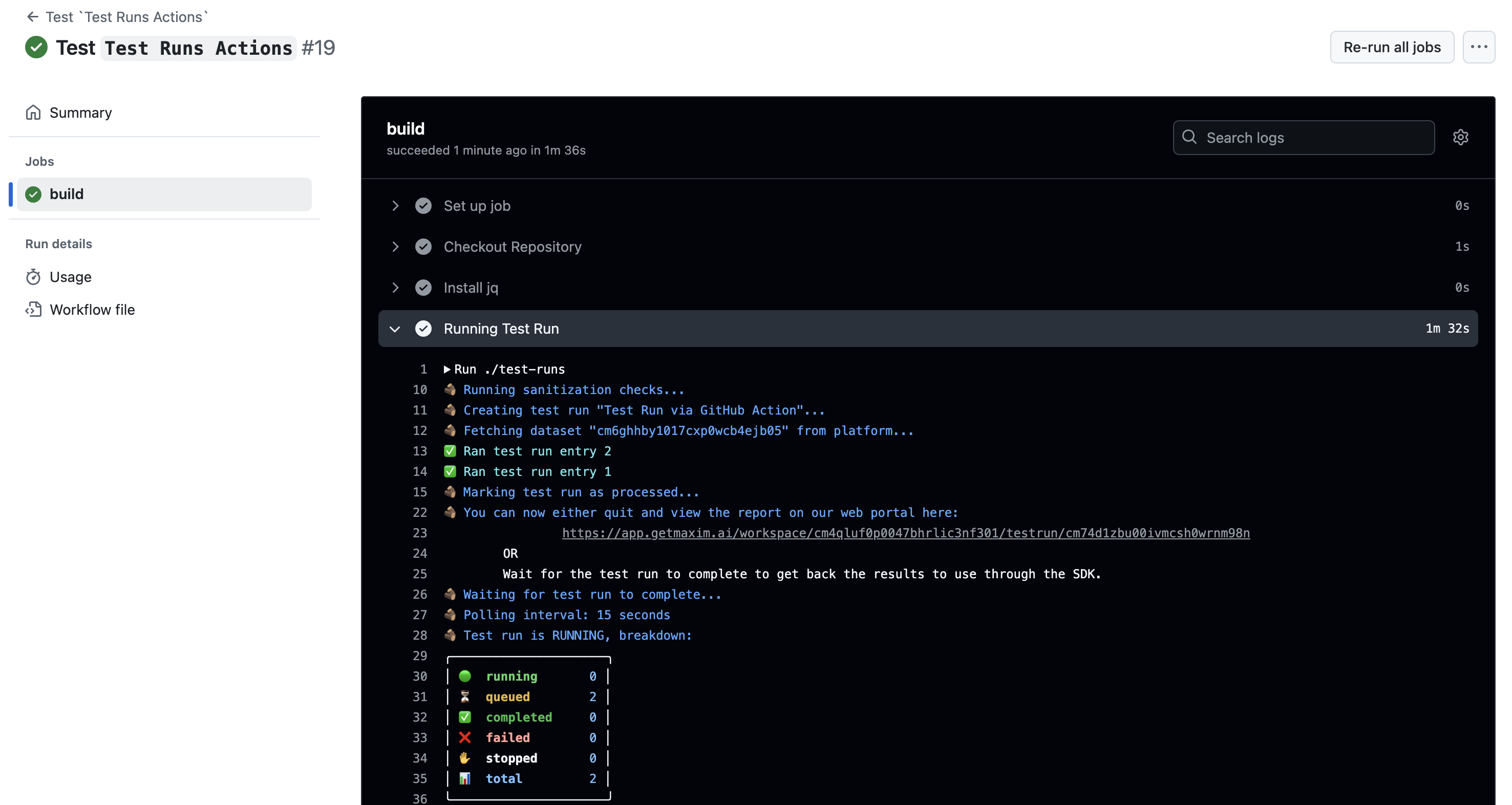 GitHub Action Running Test Run Logs