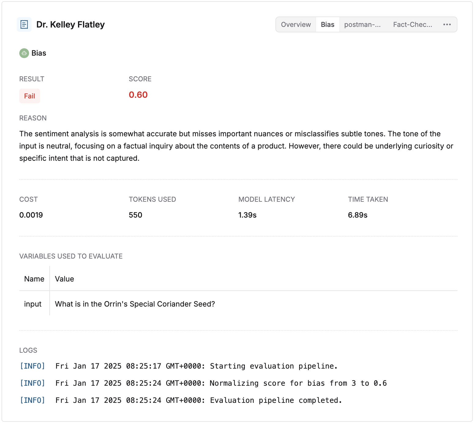 A detailed view of an individual evaluator, showing variables, logs, and results