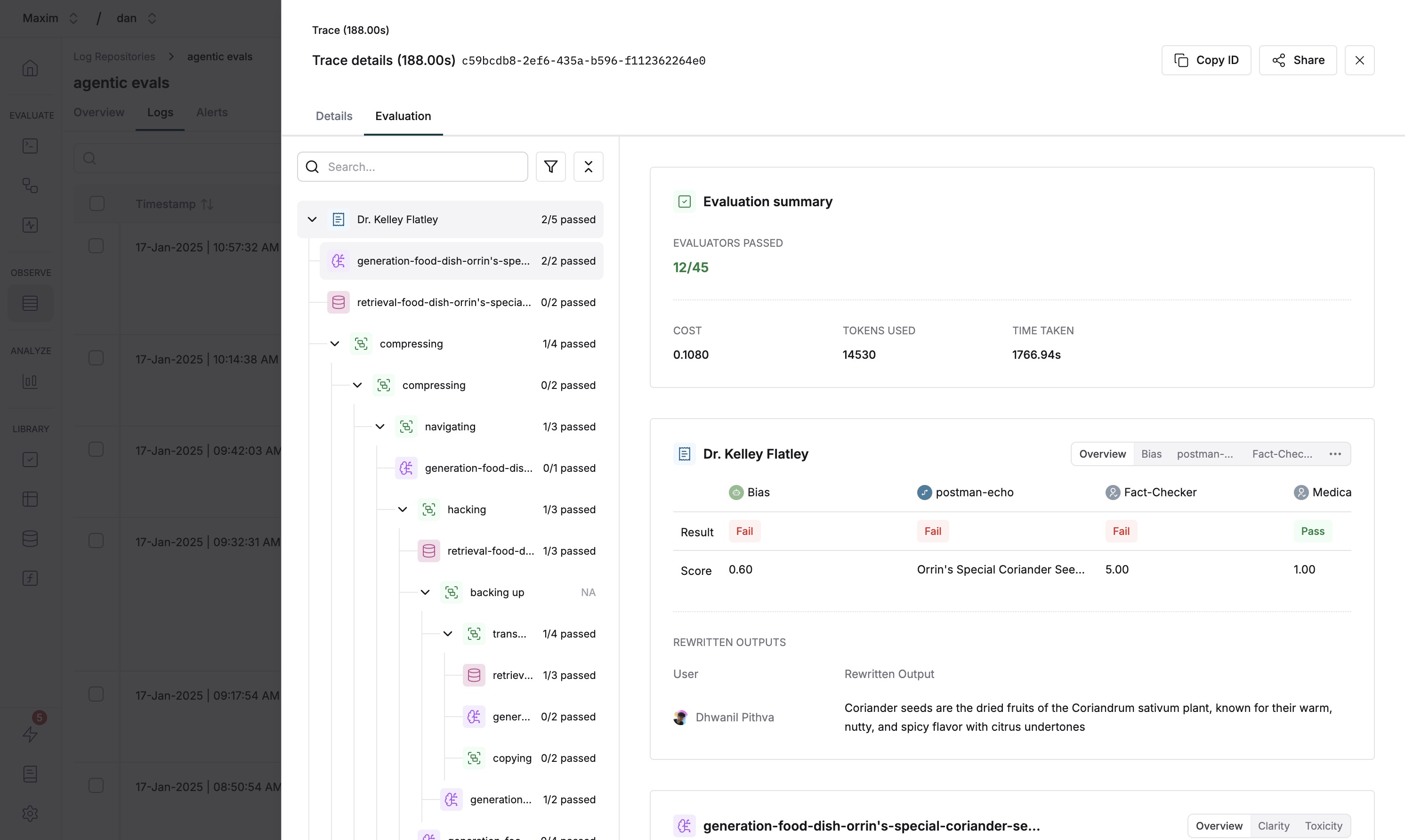 Evaluations tab showing the hierarchical structure of entities with evaluators attached