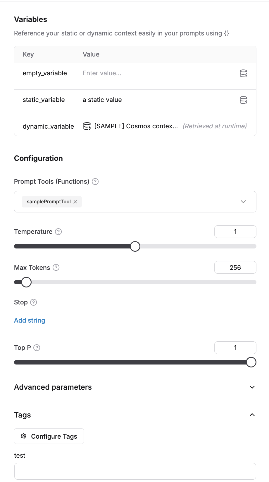 Parameter configuration panel