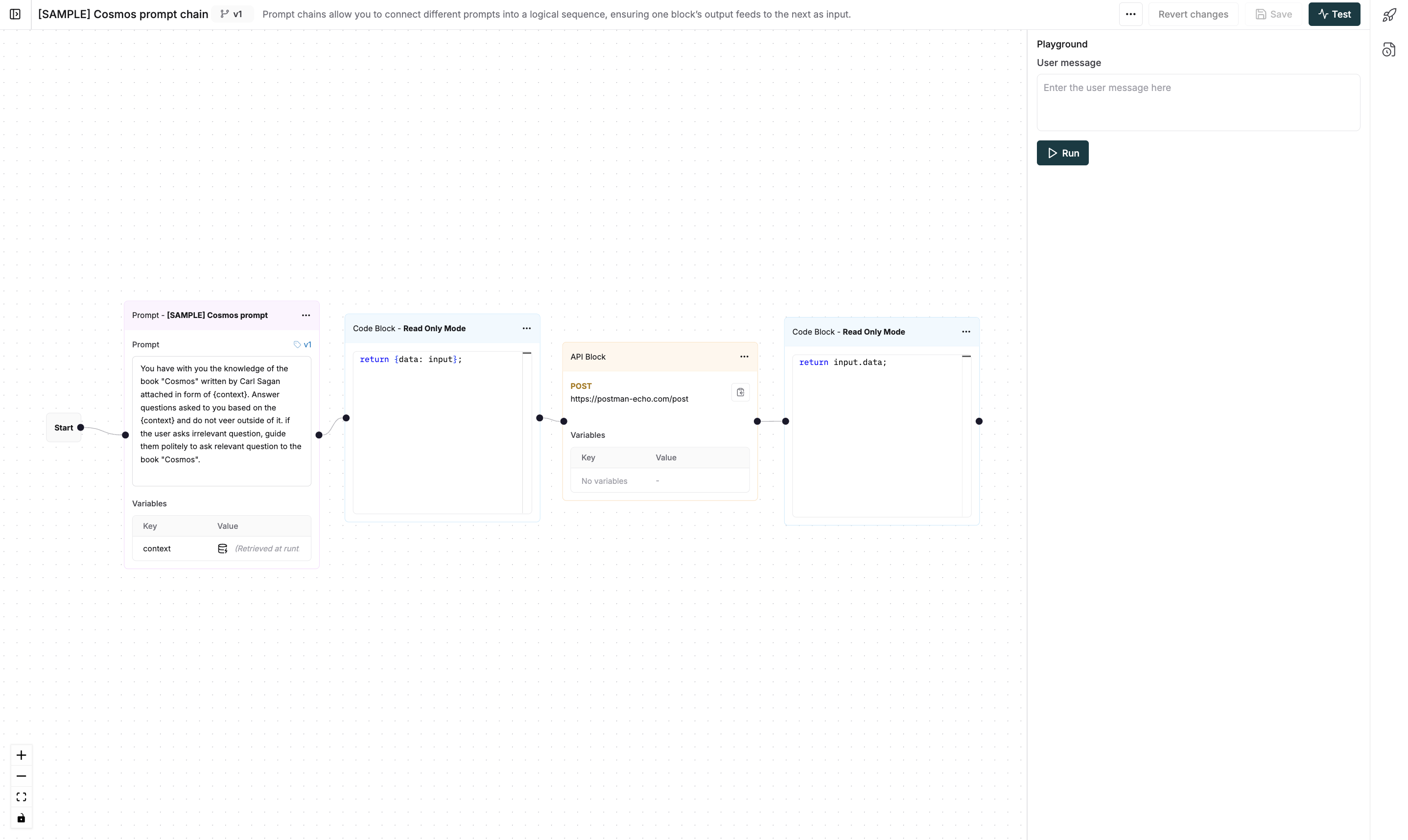 A screenshot of the Prompt chains editor interface, showing connected nodes of different types