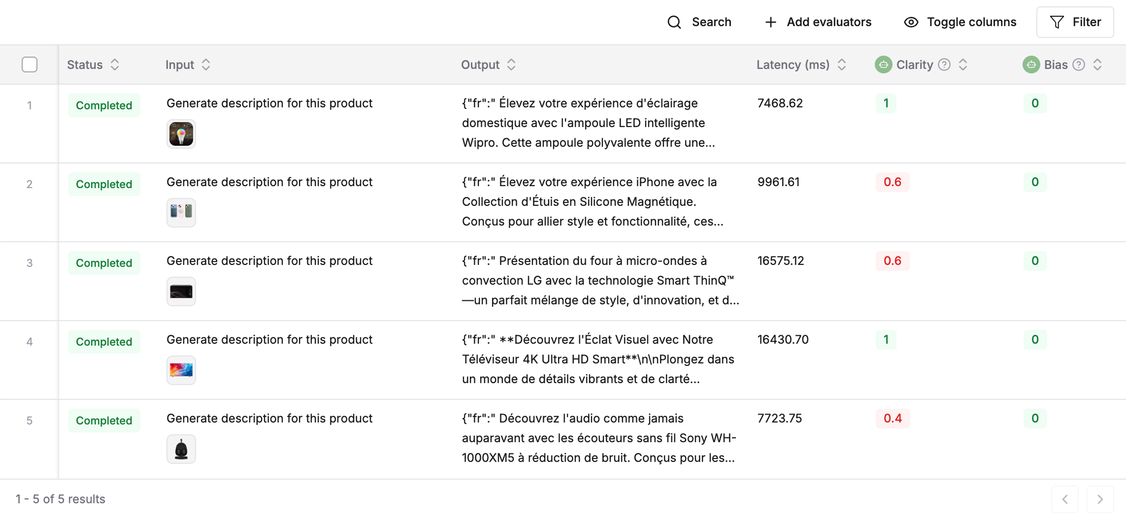 Test run results showing performance metrics