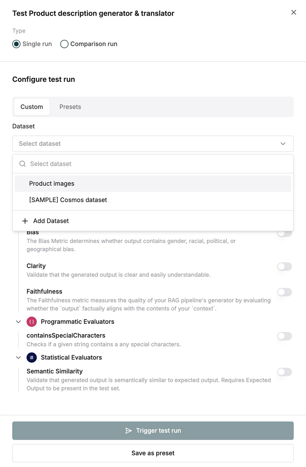 Test configuration with dataset and evaluator options