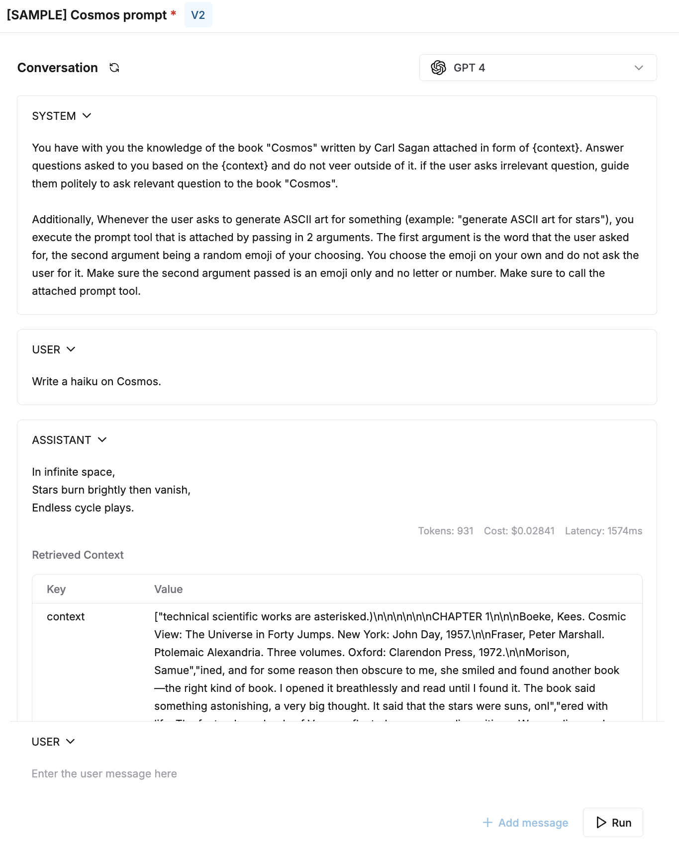 Prompt editor interface showing system and user prompt fields