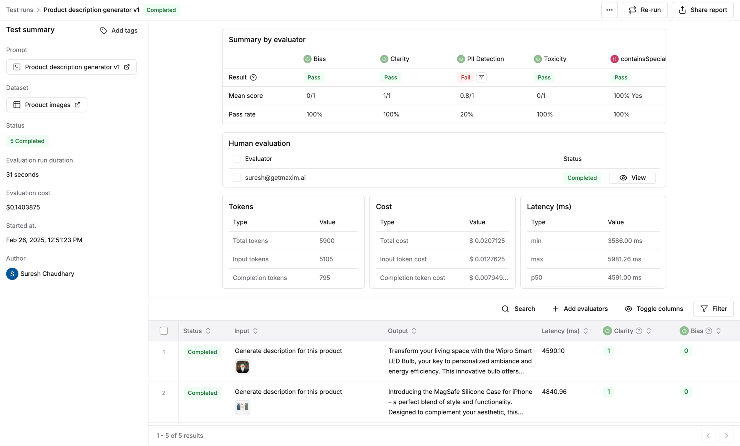 Test run report showing metrics and results