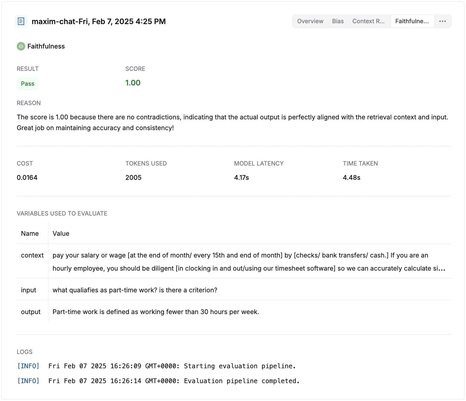 Screenshot of the individual evaluator's tab in trace evaluation card