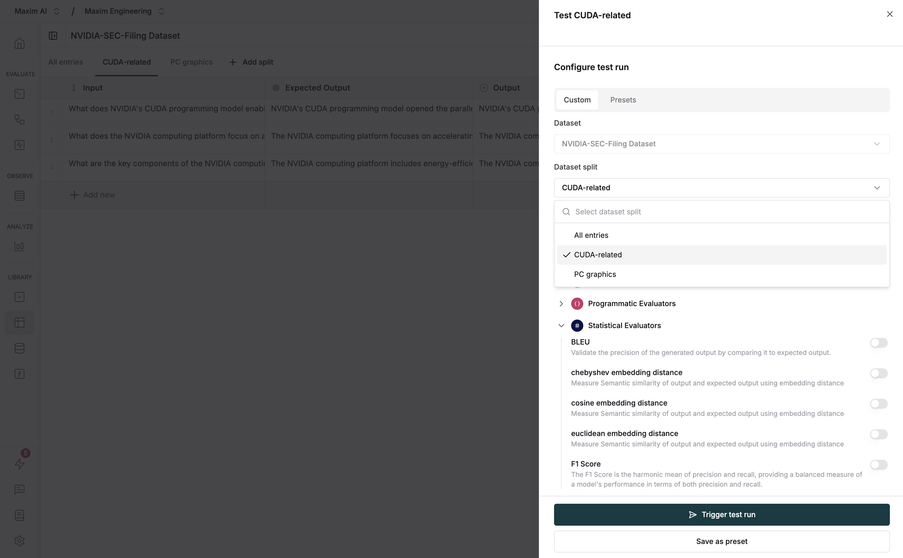 Configure test with split